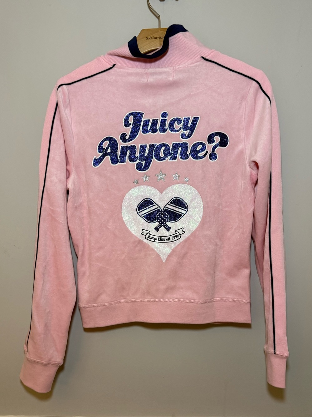 NWT Juicy Couture pink velour pickleball design on back zip up jacket. M